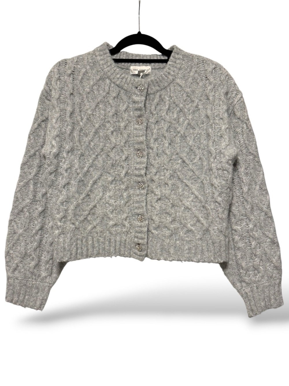Free Assembly Gray Cable Knit Cropped Cardigan Sweater Medium Rhinestone Buttons - Picture 2 of 8